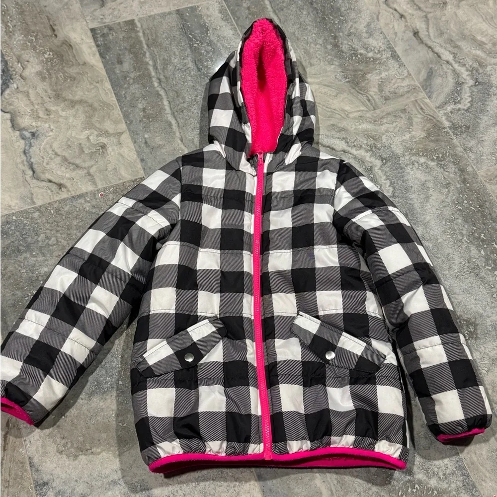 Carter's Black and White Checkered Puffer Jacket with Pink Lining